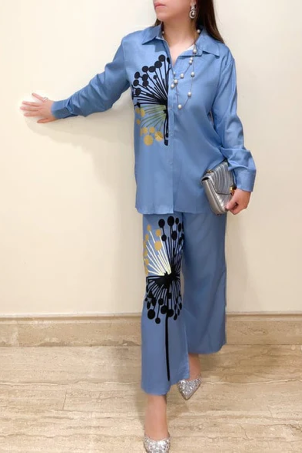Elegant Blue Dandelion-Print Satin Night Coord Set