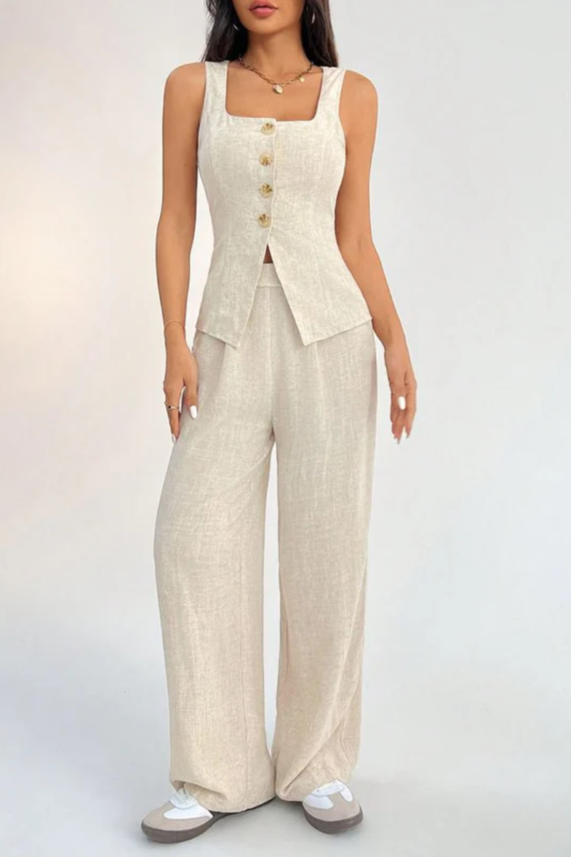 Minimalist Beige Linen-Blend Vest & Wide-Leg Pant Co-ord Set