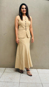 Versatile Beige Tailored Waistcoat & Flared Skirt Coord Set