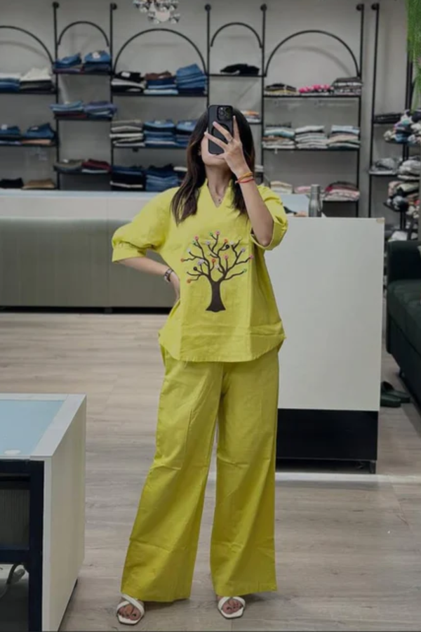 Yellow Tree Motif Cotton Co-ord Set