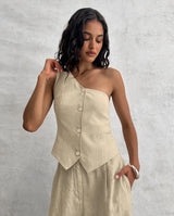 Chic Beige Linen One-Shoulder Coord Set