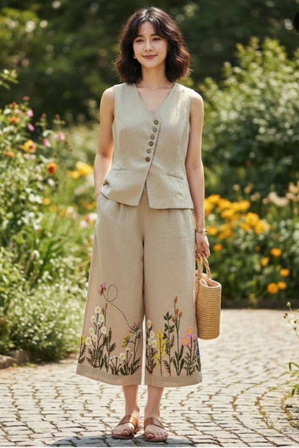 Floral Embroidered Linen Coord Set
