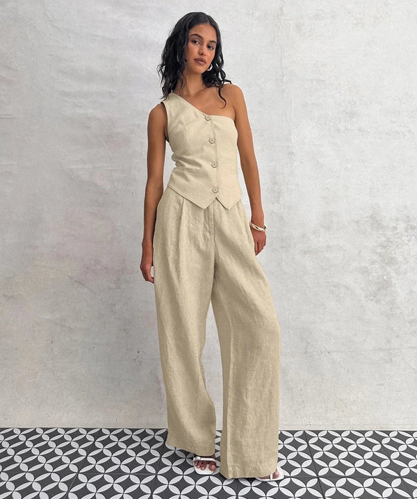 Chic Beige Linen One-Shoulder Coord Set