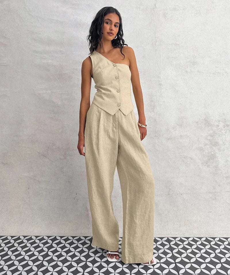 Chic Beige Linen One-Shoulder Coord Set
