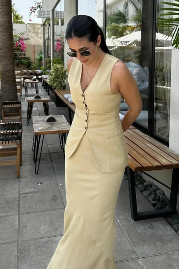 Versatile Beige Tailored Waistcoat & Flared Skirt Coord Set