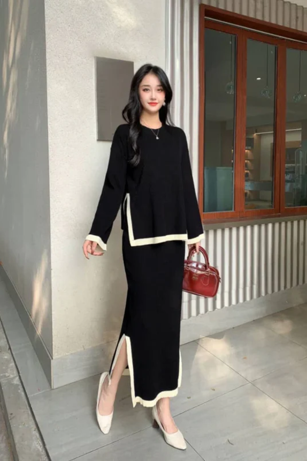 Minimalist Contrast-Trim Knit Night Coord Set