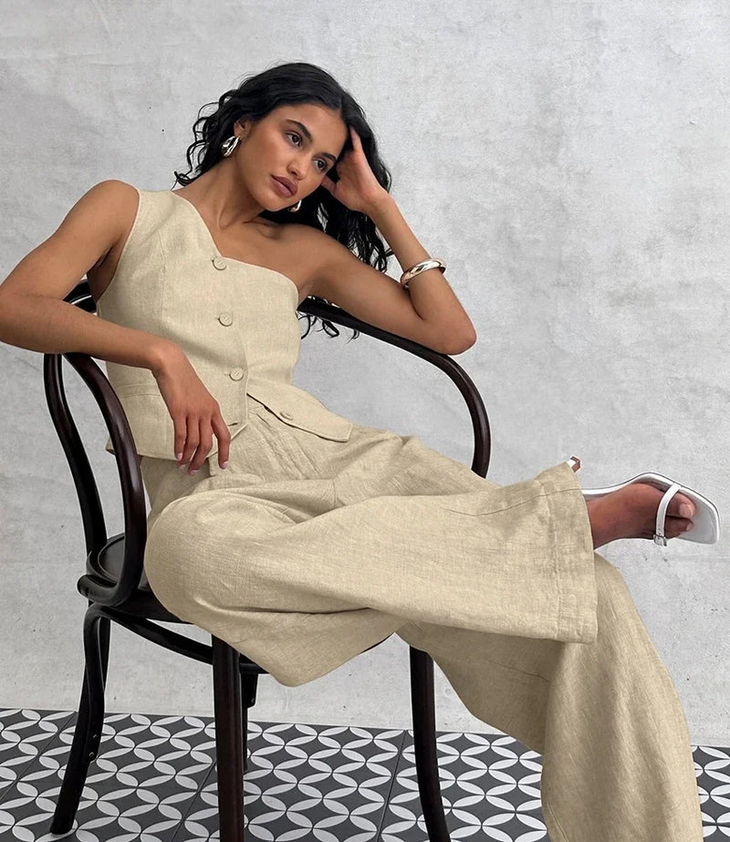 Chic Beige Linen One-Shoulder Coord Set