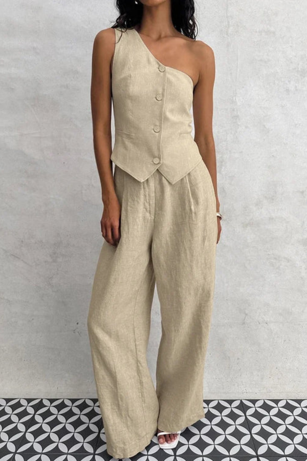 Chic Beige Linen One-Shoulder Coord Set