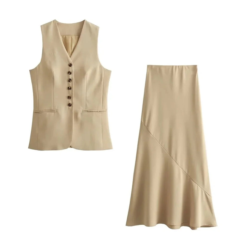 Versatile Beige Tailored Waistcoat & Flared Skirt Coord Set