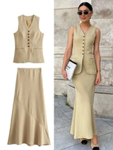 Versatile Beige Tailored Waistcoat & Flared Skirt Coord Set