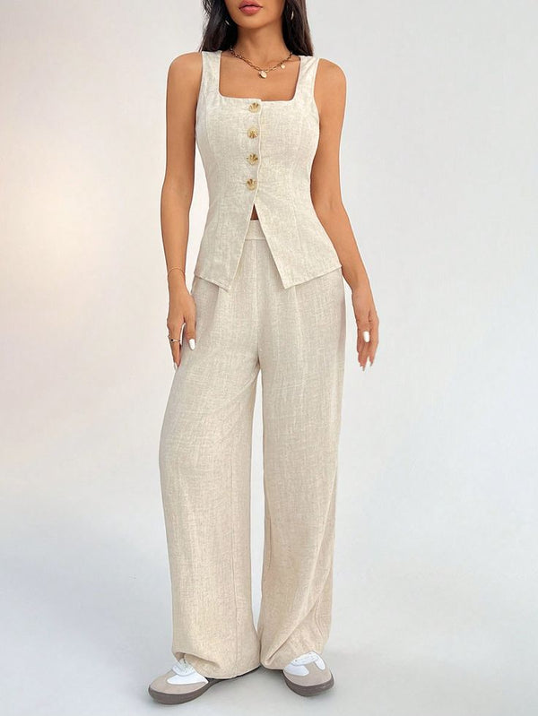 Minimalist Beige Linen-Blend Vest & Wide-Leg Pant Co-ord Set