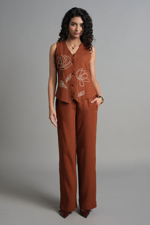 Embroidered Rust Brown Sleeveless Co-ord Set