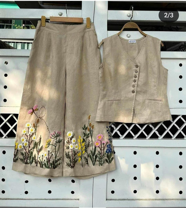 Floral Embroidered Linen Coord Set