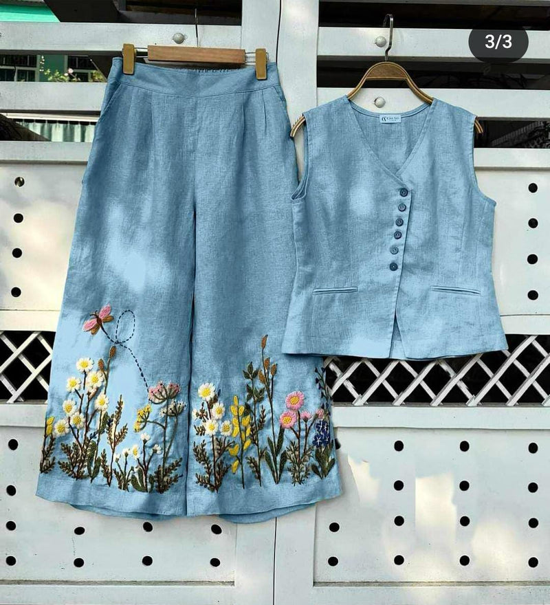 Floral Embroidered Linen Coord Set