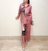 Elegant Blue Dandelion-Print Satin Night Coord Set