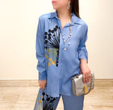 Elegant Blue Dandelion-Print Satin Night Coord Set