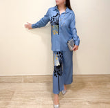 Elegant Blue Dandelion-Print Satin Night Coord Set