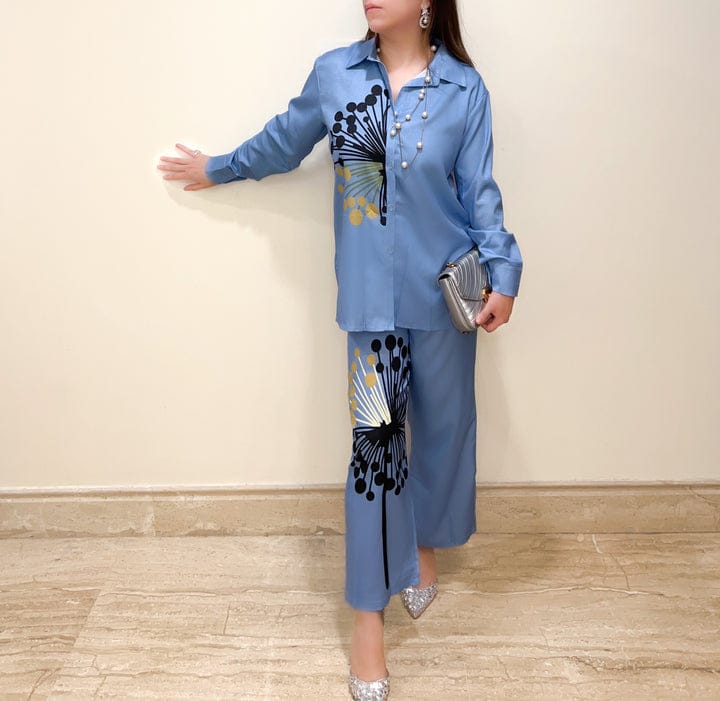 Elegant Blue Dandelion-Print Satin Night Coord Set